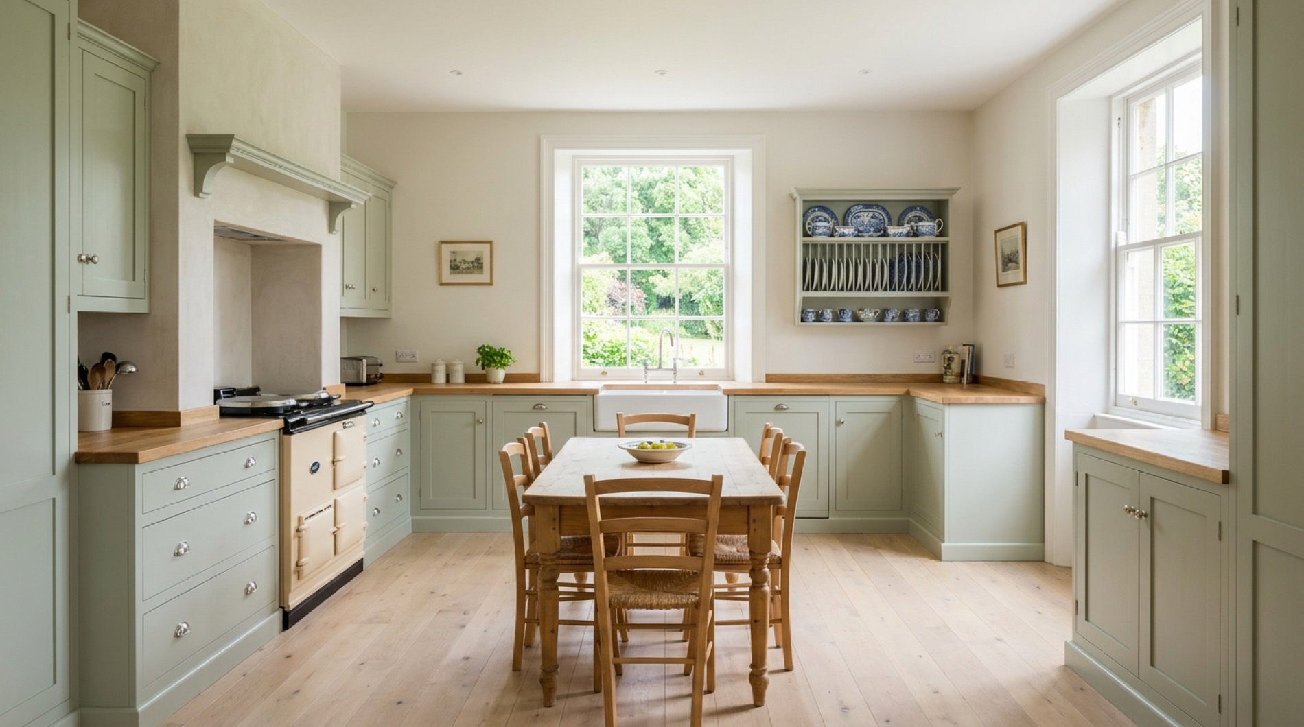 An English country kitchen, sage shaker cabinets, oak worktops and a cream range cooker, a sash window onto the garden