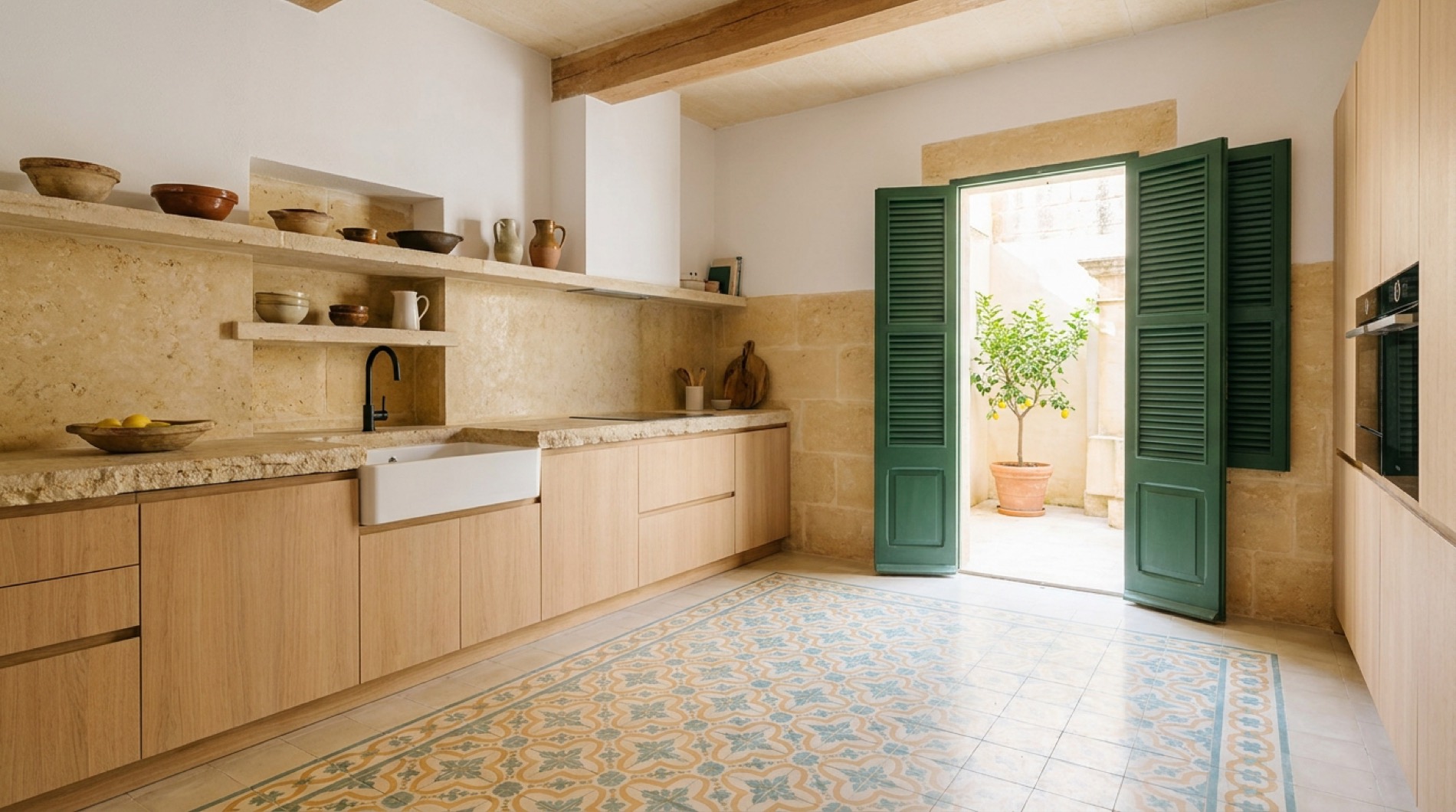 A Maltese townhouse kitchen, patterned encaustic floor, limestone walls and pale oak units, green shutters open to a courtyard
